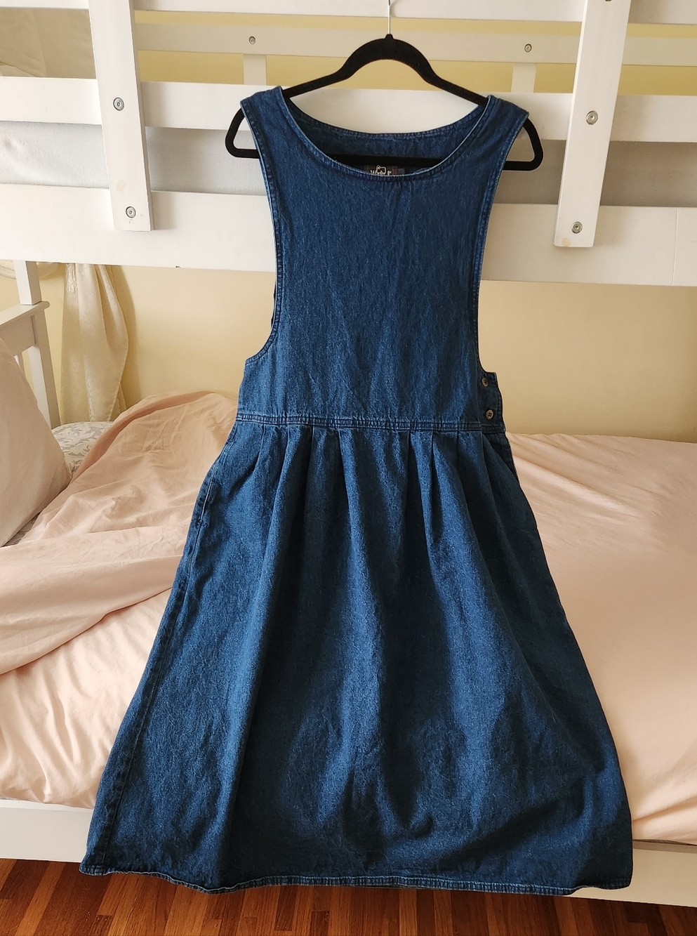 vtg Denim jumper Overall dress pinafore Pockets Boho Cottage USA made L